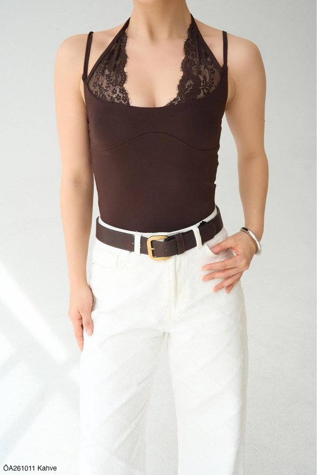 Women's Brown Lace Detailed Strappy Blouse