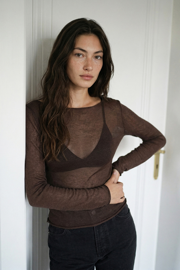 Women's Transparent Boat Neck Slim Fit Knitwear Blouse Brown 26S3045