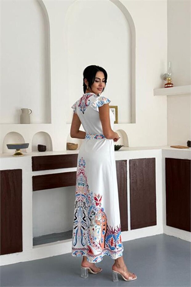 Women's White Stand-Up Collar Patterned Sleeveless Belted Full Length Design Dress Nbms2571