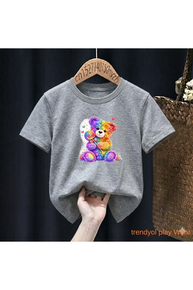 Colorful Flower Bear Printed 100% Kids Unisex T-Shirt 5 6 -7 8-9 10 -11 12 Years Old
