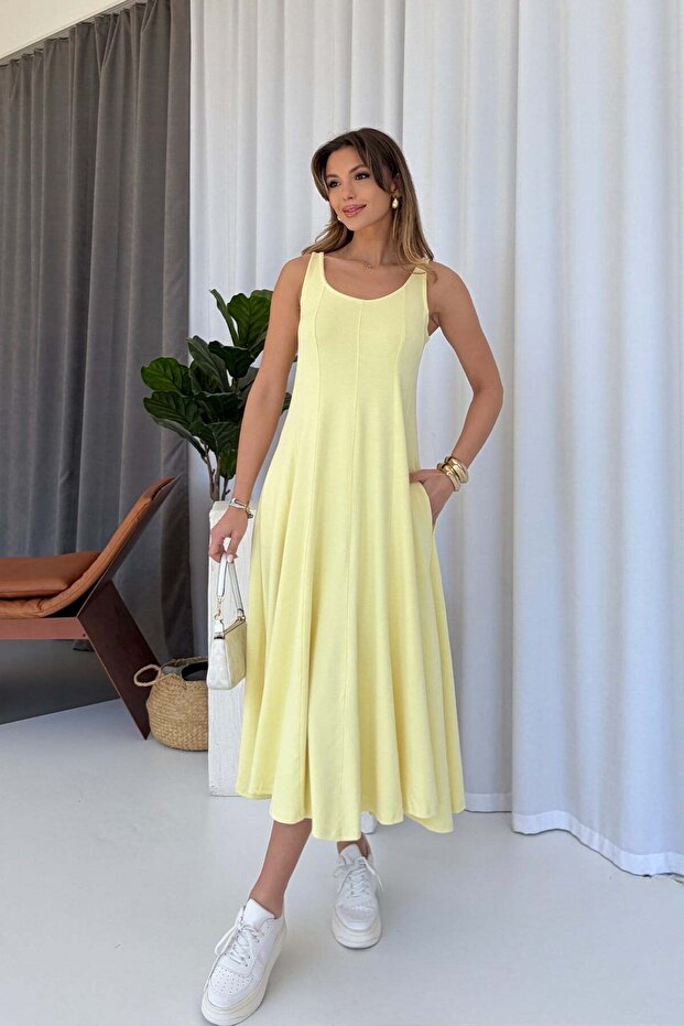 Thick Strapped Modal Fabric Women's Midi Dress - Yellow