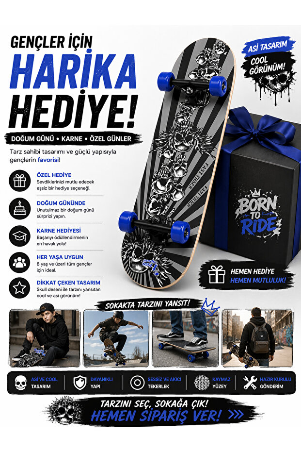 Janissary 80 Cm Gri Skateboard Kaykay Kırmızı Teker Çocuk Genç Yetişkin Hazır Kurulu Kaymaz Yüzeyli Board