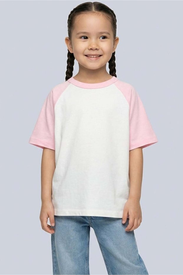 Girl's Raglan Sleeve 100% Cotton T-Shirt 7717 Pink Color