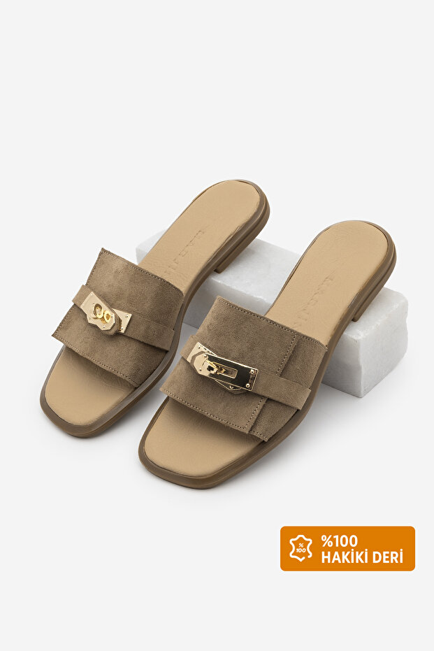 Women's Genuine Leather Thick-Strapped Buckle Casual Slippers Sivera Soil Suede