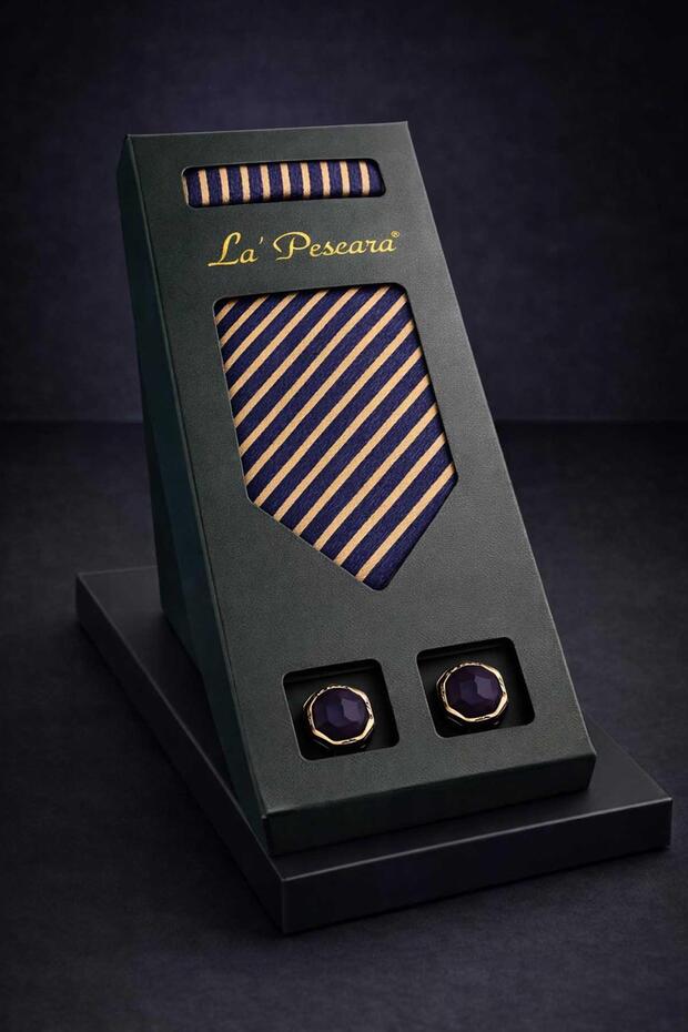 Navy Blue - Classic Tie with Yellow Handkerchief Men's Gift Set Os625