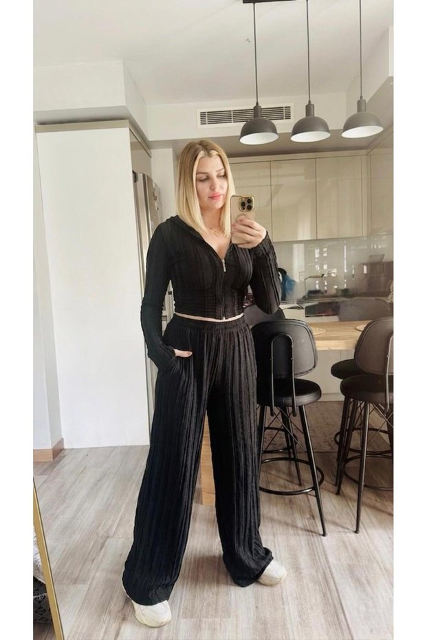 Ruffled Pocketed Hooded Crop Loose Pants Two-Piece Set