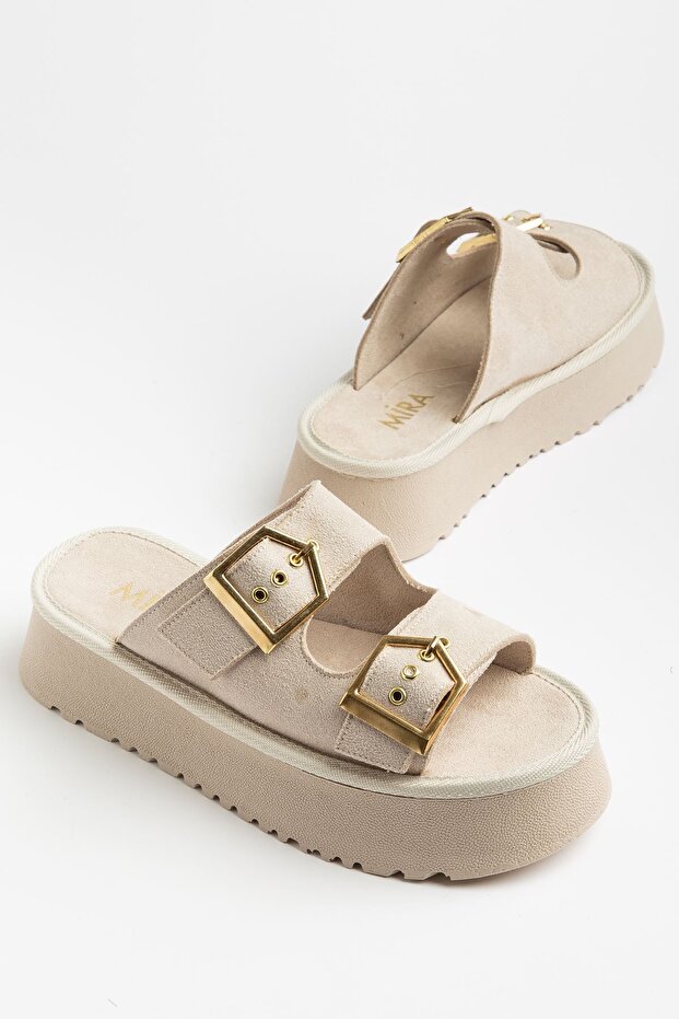 Women's Beige Suede High PU Sole Double Buckled Slipper