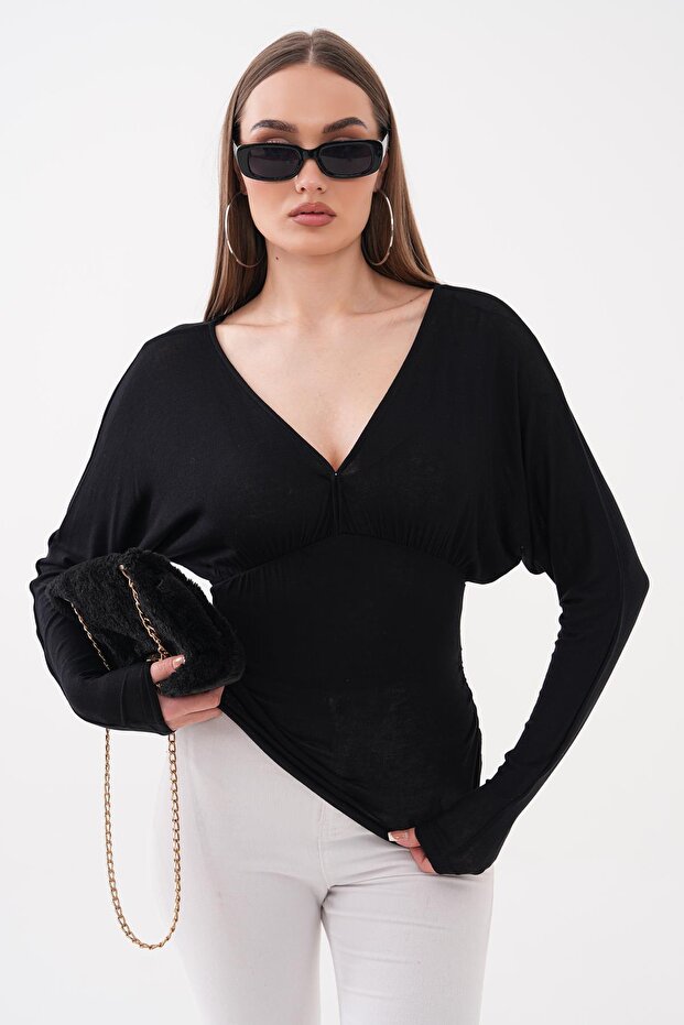 Women's Drawstring Detailed V-Neck Transparent Blouse 260486 -