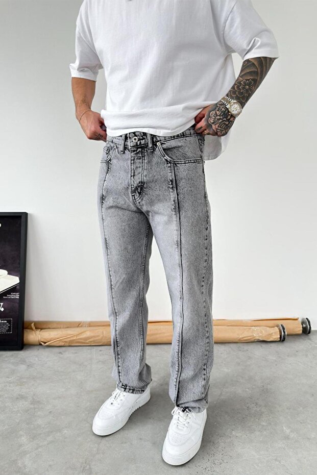 Gray Front Design Striped Baggy Trousers