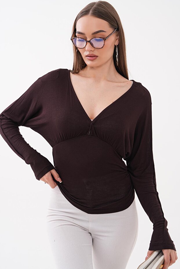 Women's Drawstring Detailed V-Neck Transparent Blouse 260486 -