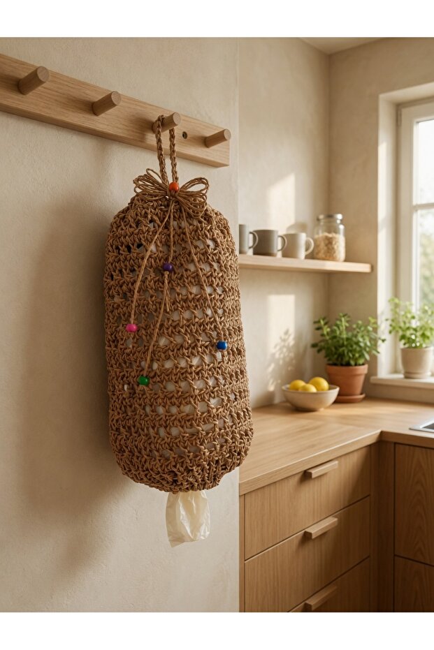 Başak Kitchen Bag Holder with Hanger | Paper String, Six Elastic Bands, Handmade