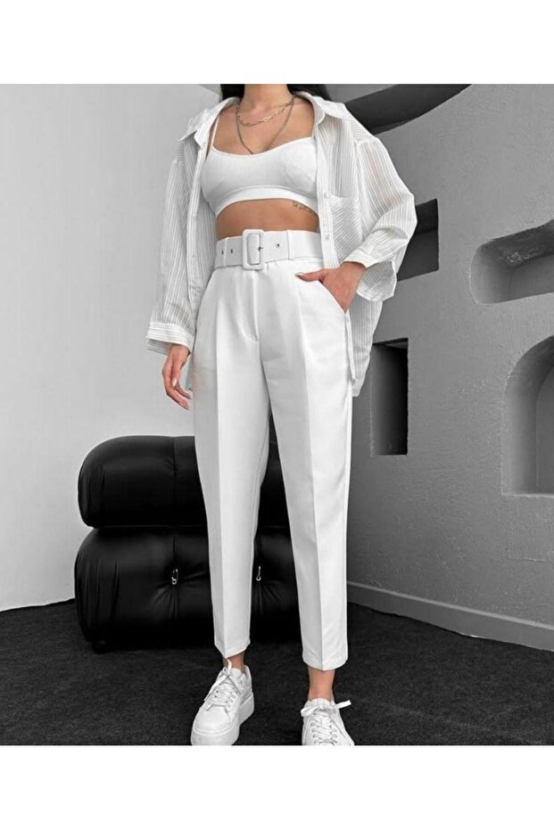 Belted Slim-Fit Women's Fabric Pants