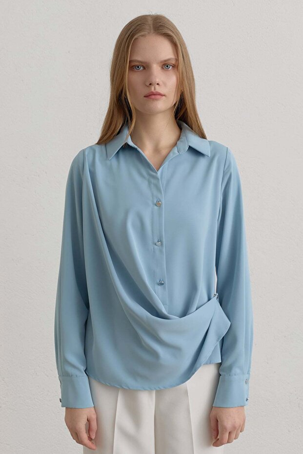 Front Snap Button Shirt Light Blue - 2