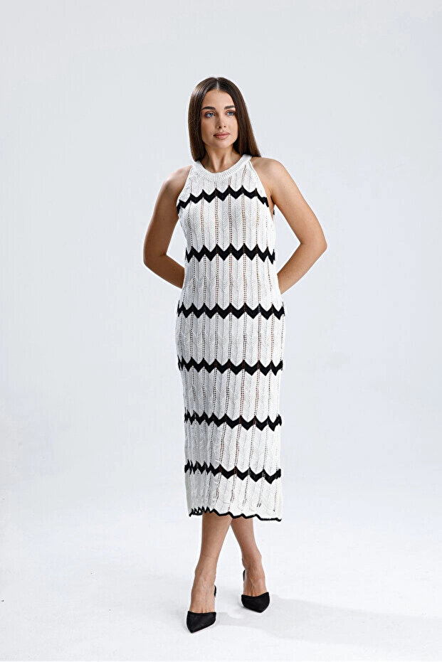 Women's White Black Zigzag Patterned Knitwear Dress Halter Neck Bohemian Openwork Midi Length