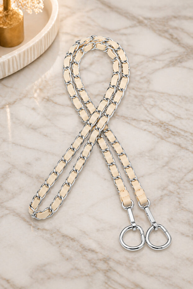 Faux Leather Metal Bag Chain Set - Chain Silver Color - Length 115 cm - Cream Leather