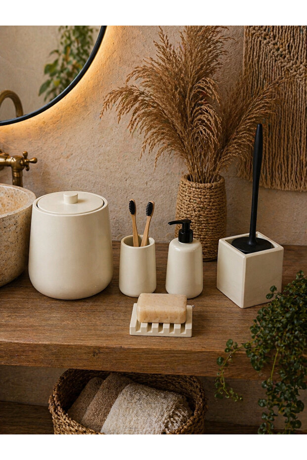 Decorative 5-Piece Bathroom Set: Trash Can, Liquid Solid Soap Dispenser, Silicone Toilet Brush, Toothbrush Holder