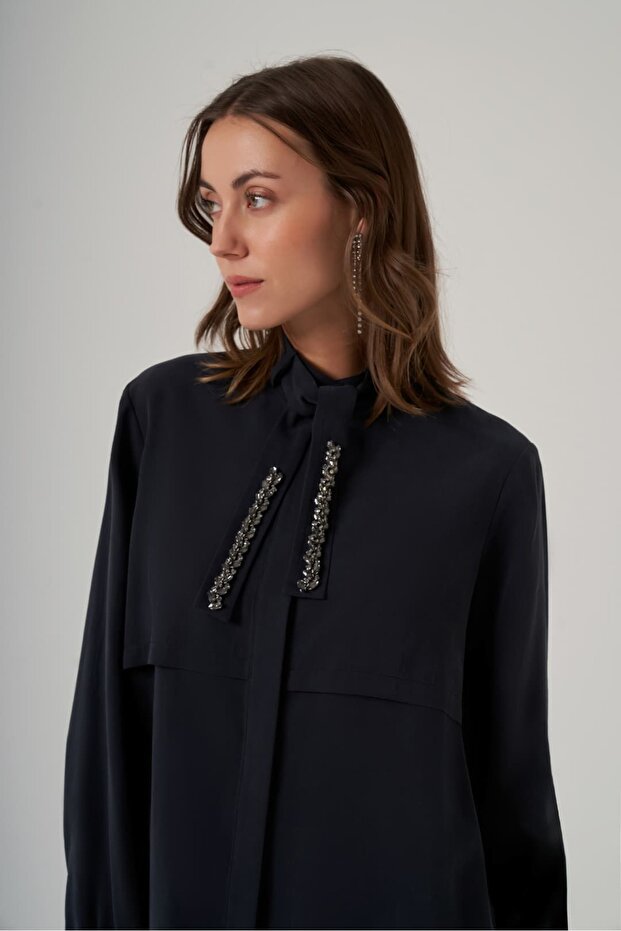 1050 Suit with Stone-Detail Collar and Skirt, Black