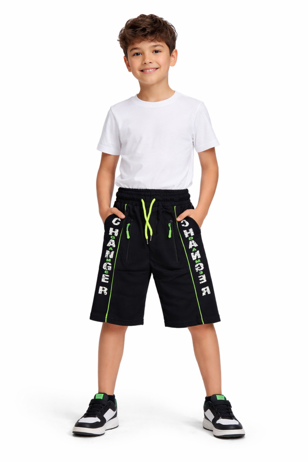 Boy's Changer Shorts with Text Pattern and Zipper Pocket, Navy Blue Color, Combed Cotton Shorts