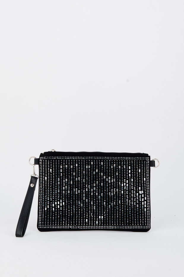 Women's Vertical Silver Stone Suede Portfolio Handbag and Clutch Bag with Ankle Strap and Chain Strap