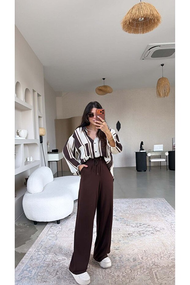 Brown Drawstring Modal Pants - 3