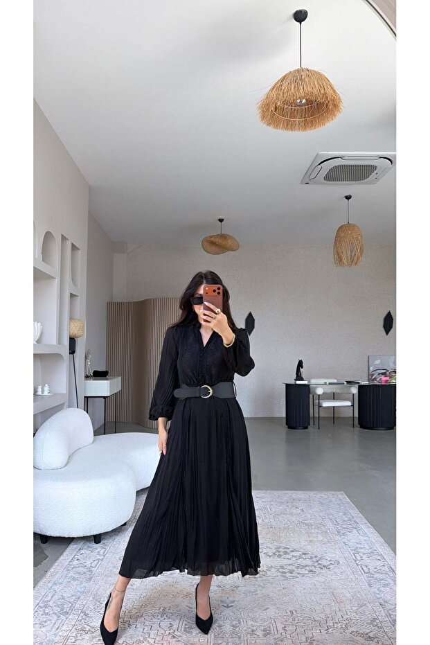 Black Lace Detailed Belted Chiffon Lined Long Dress