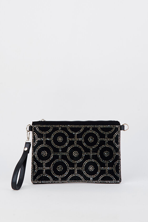 Women's Ring Gold Stone Suede Portfolio Handbag with Ankle Strap and Chain Strap