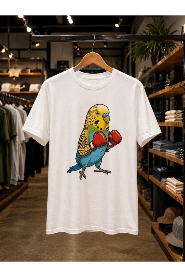 Boxing Lovebird Printed 100% Cotton Oversize Loose Regular Fit Crew Neck T-Shirt
