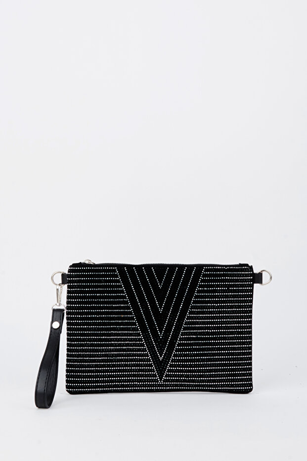 Women's V Silver Stone Suede Portfolio Handbag and Clutch Bag with Ankle Strap and Chain Strap
