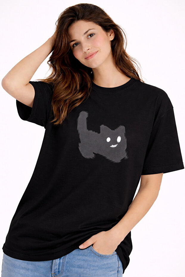 Unisex Oversize T-Shirt Cat Printed Minimal Design 100% Cotton Black