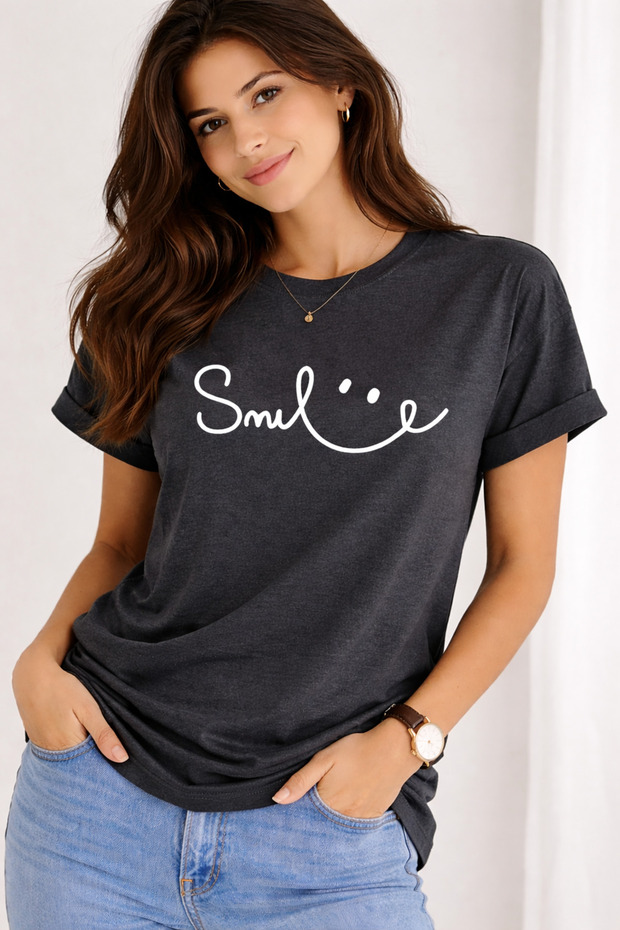 Unisex T-Shirt Smile Printed Basic Oversize Daily Comfortable 100% Smoked