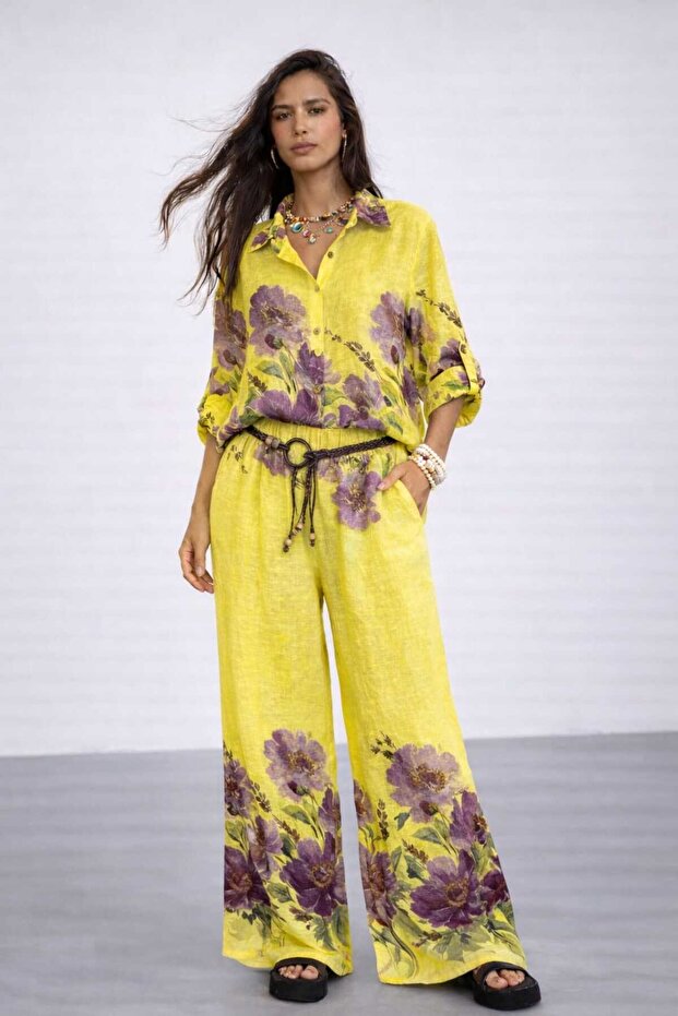 Italian Floral Patterned Linen Set 7 Colors – Relaxed Fit Elastic Pants Women's Combination