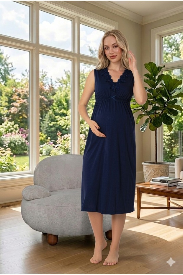 New Season Women's Navy Blue Wide Strap Summer Special Design 100% Cotton Maternity Nightgown
