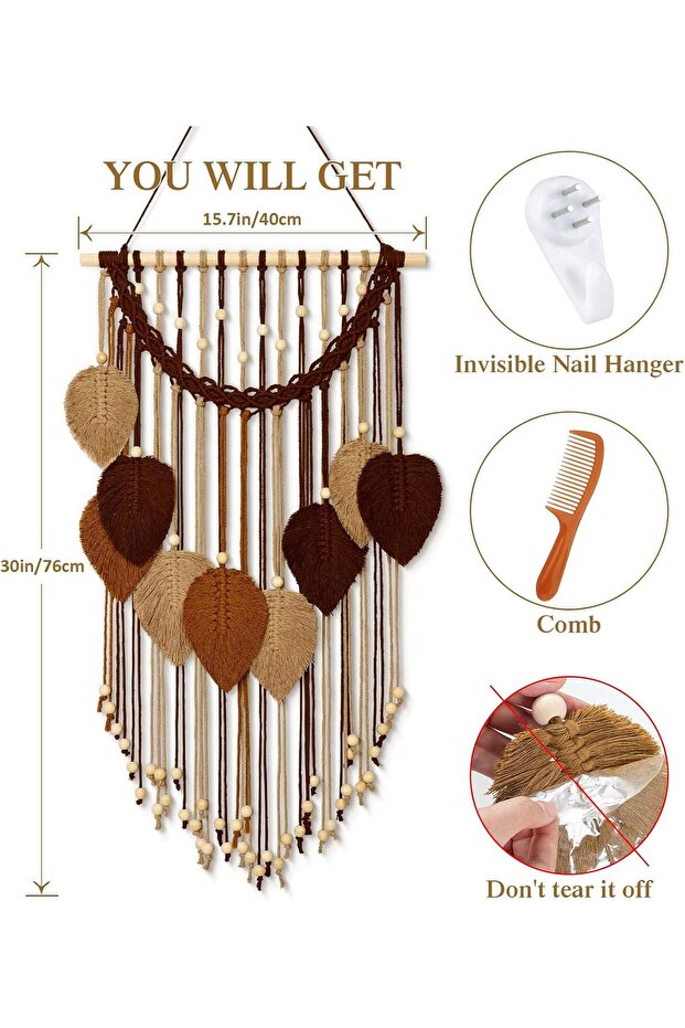 Macrame Wall Hanging Boho Leaf Woven Tapestry - 3