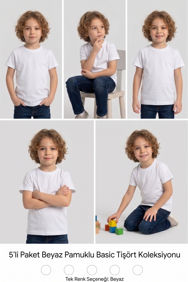 Children's T-Shirt 5-Pack White Cotton Lycra T-Shirt
