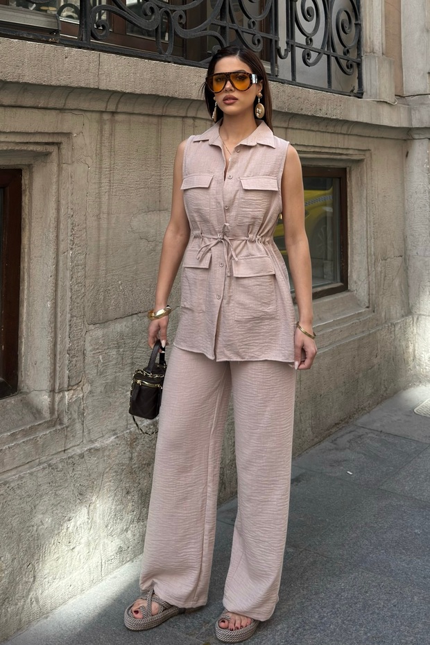 Women's Beige Long Vest and Trousers Linen Textured Top and Bottom Set