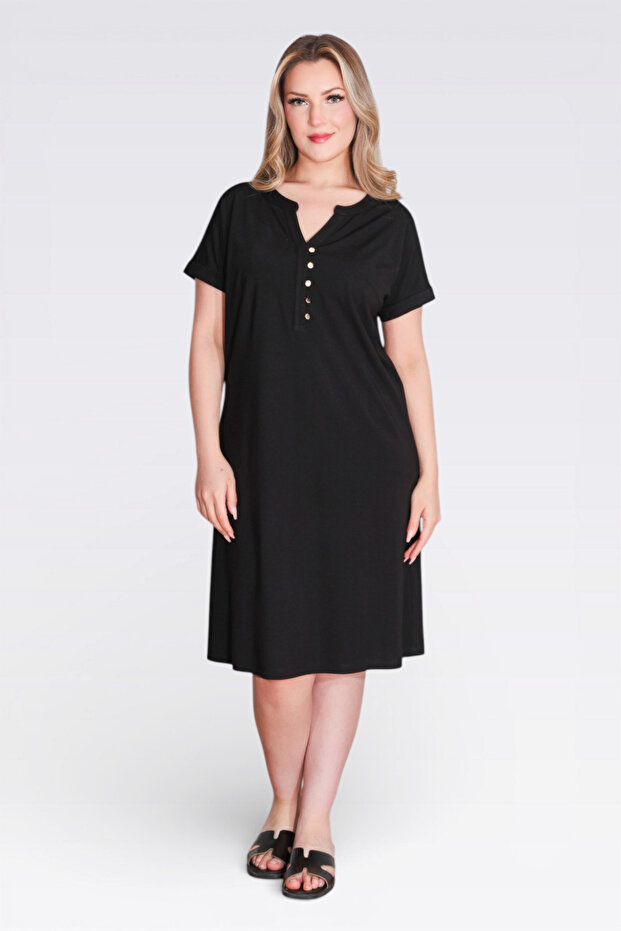 40198 Black Button Detail Low-Sleeve Relaxed Fit Knitted Dress