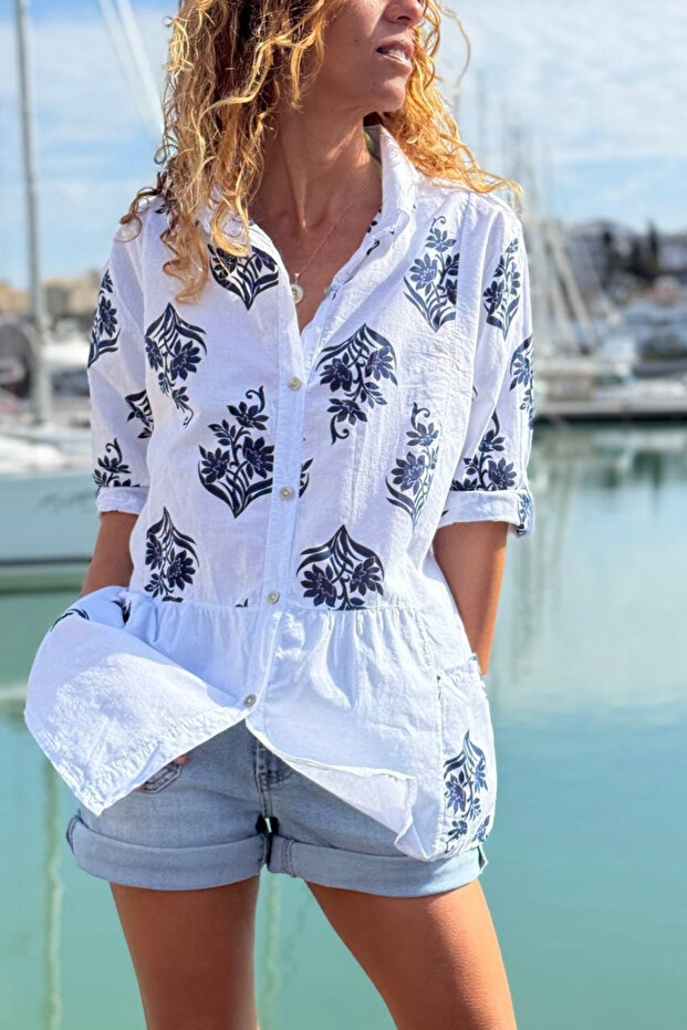 Italian White Ethnic Patterned Skirt with Pockets Pleated Cotton Loose Woven Shirt 70 55