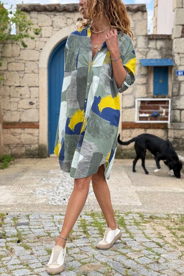 Italian Khaki-Grey Judge Collar Geometric Patterned Cotton Loose Woven Shirt Dress 100 55