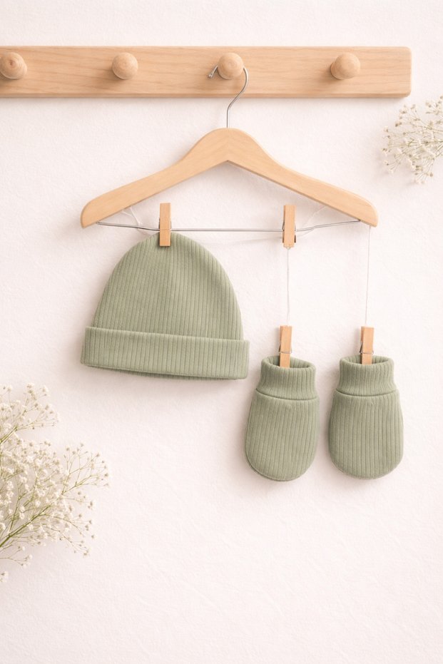Cotton Baby Boy Green Hat Gloves Set of 2