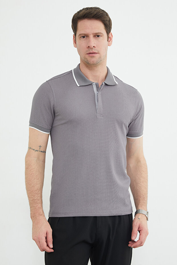Striped Half Zip Polo Neck T-Shirt