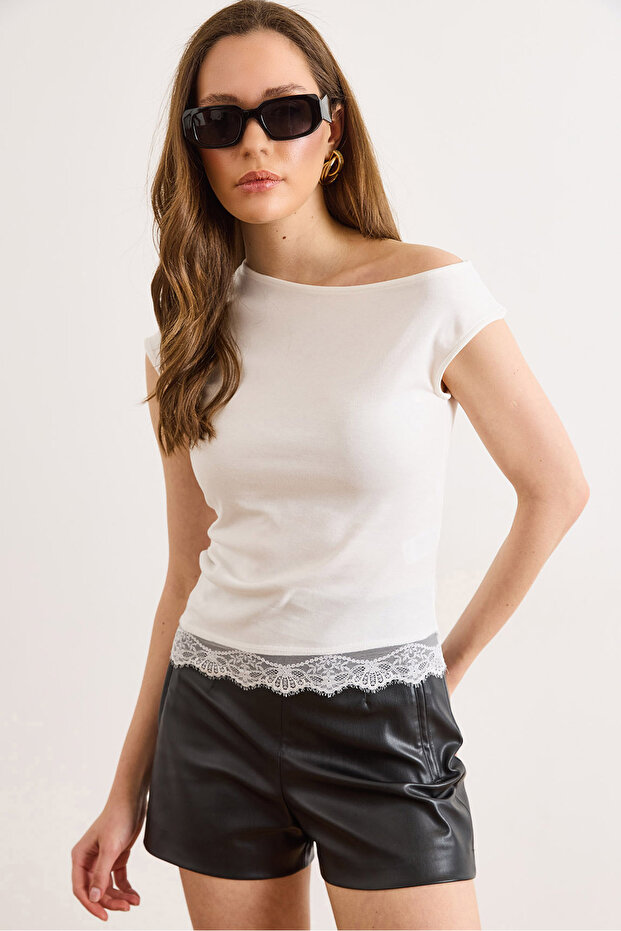 Women's White Single Shoulder Lace Detailed Single Jersey Blouse Blz-19003332