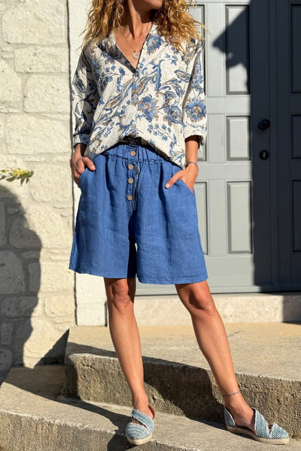 Italian Indigo Pocket Zipper Elastic Waist Linen Loose Woven Shorts 45 35