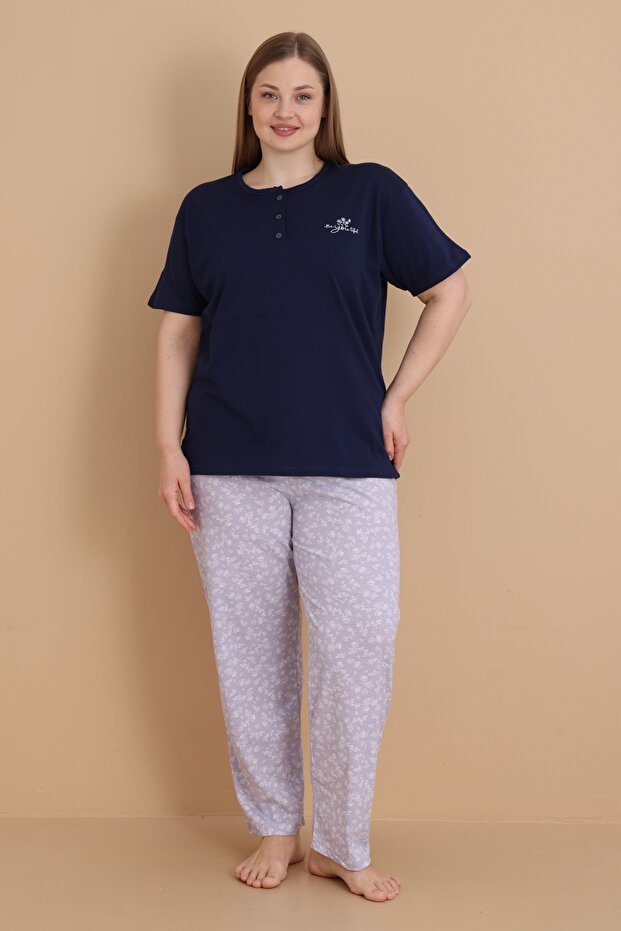 Mrn 4514 Floral Short Sleeve Cotton Combed Cotton Plus Size Women's Pajama Set