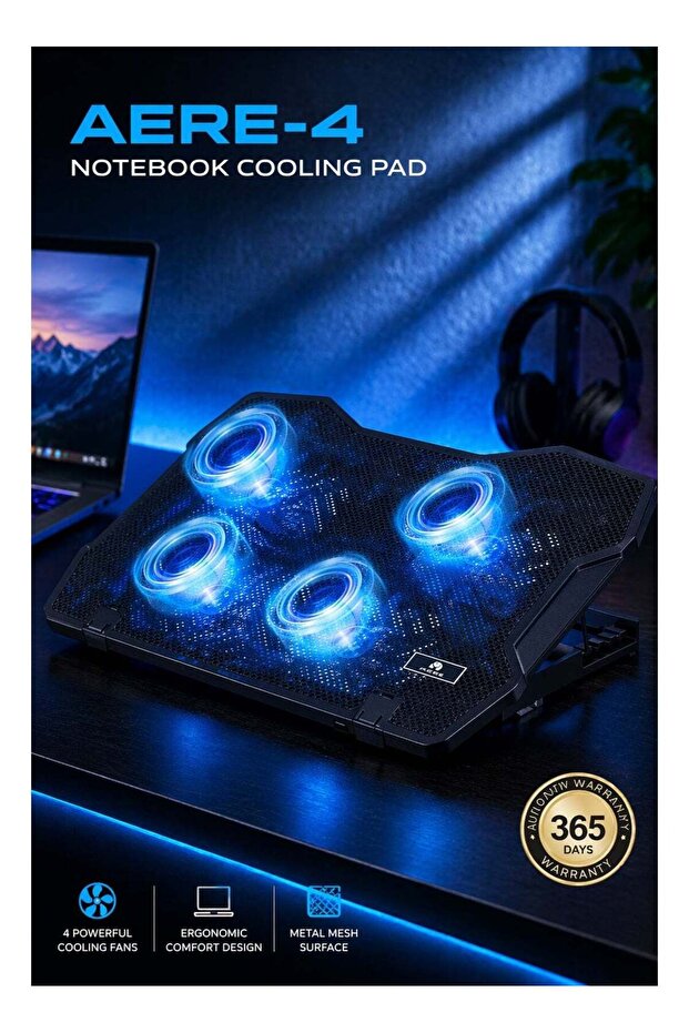 AERE-4 لوحة تبريد للكمبيوتر المحمول - مبرد لابتوب بأربع مراوح مع إضاءة LED