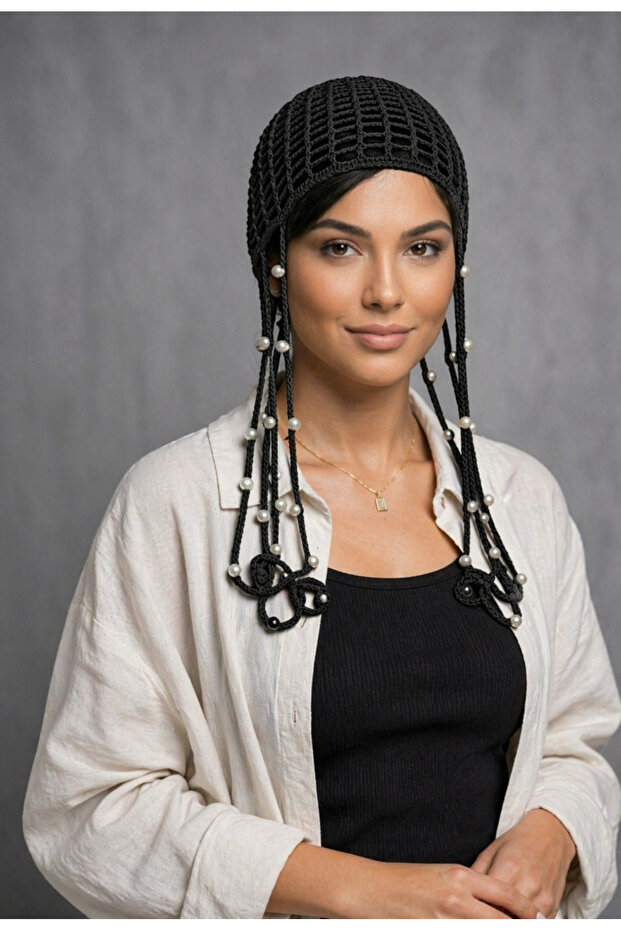 Hand-Knitted Hat with Pearls
