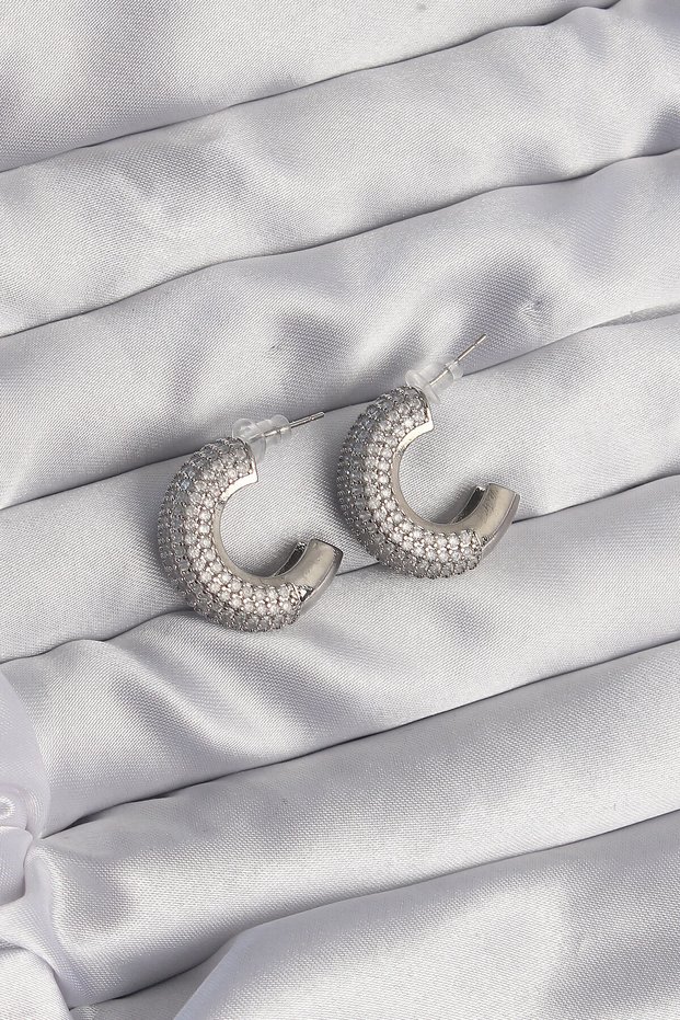 Brass Silver Color Zircon Stone Half Hoop Earrings