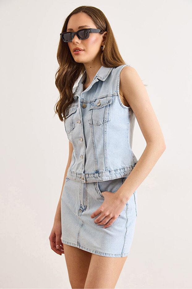 Women's Light Blue Vest Skirt Washed Suit Tkm-19000493
