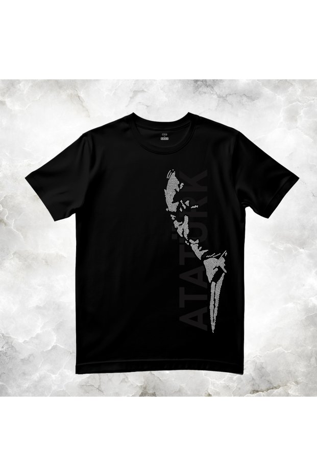 Vertical Ataturk Silhouette Printed with Crystal Stone - Printed Cotton Crew Neck T-Shirt Black-Black