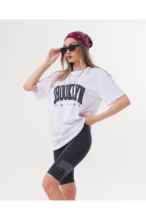 Women's Printed Oversized Crew Neck T-Shirt - T-Shirt Leggings Set