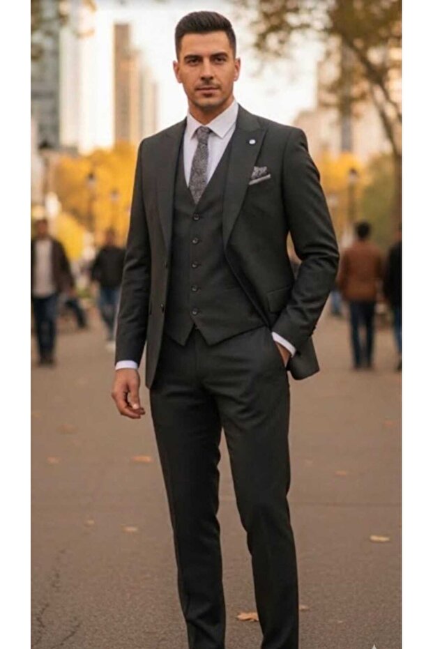 New Season Self-Patterned Slim Fit Cut Double Slit Vest Double-Sided Men's Suit